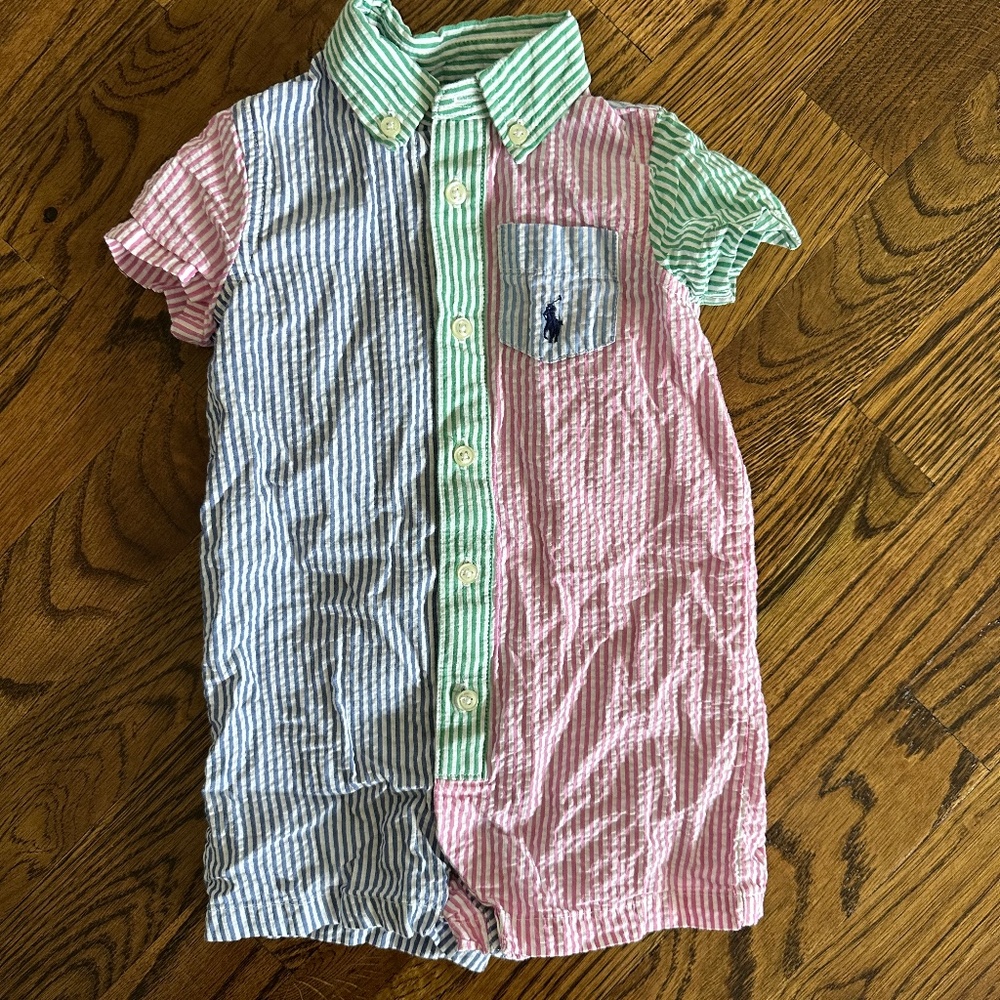 Ralph Lauren Baby Color-Blocked Seersucker Shortall 6M